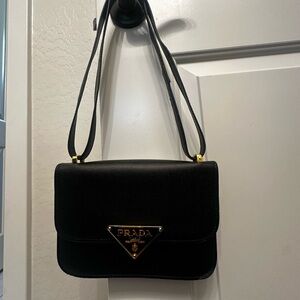 Prada Black Saffiano Crossbody Bag with Gold Logo Plaque